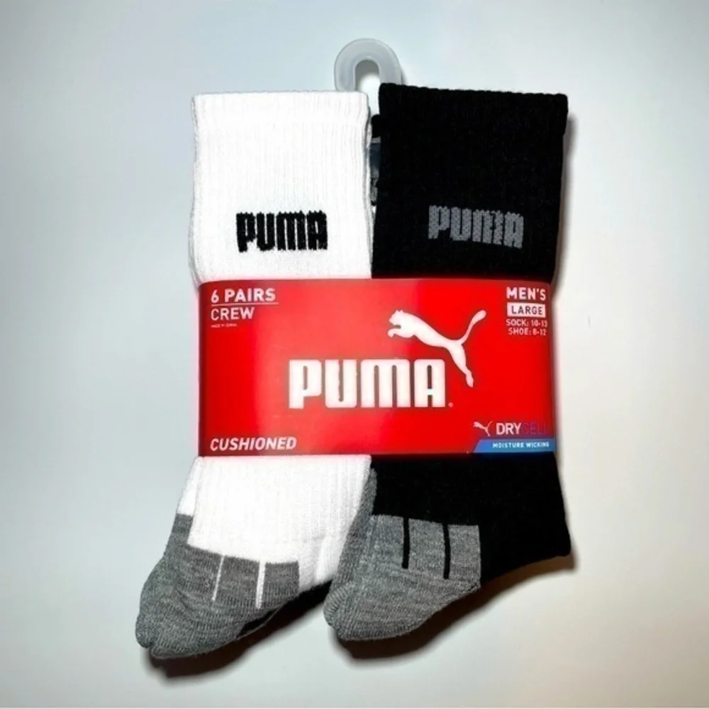 Puma men’s crew socks 6 pack size 8-12 white black gray DryCell
